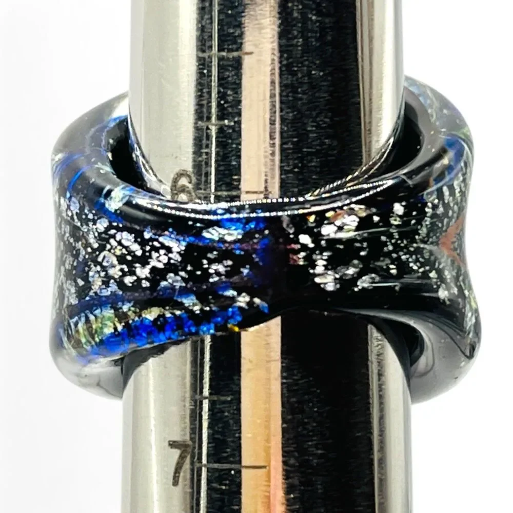 Hand Blown Glass Ring Sz 6.25 - 6.5 Black Swirl Metallic Wide Art Venetian Style